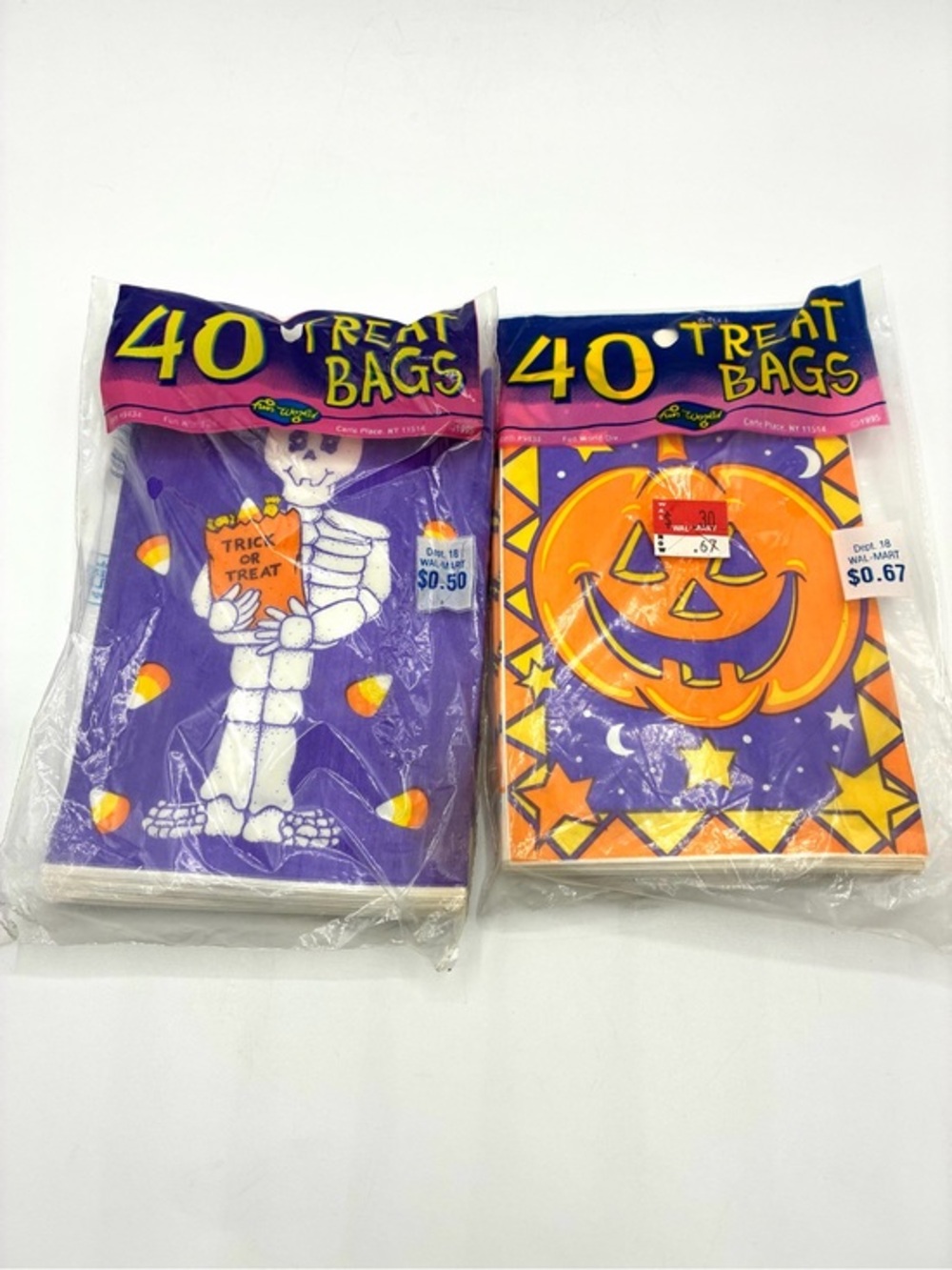 Vintage 1995 Fun World Halloween Treat Bags Skeleton & Pumpkin Sealed Lot of 2